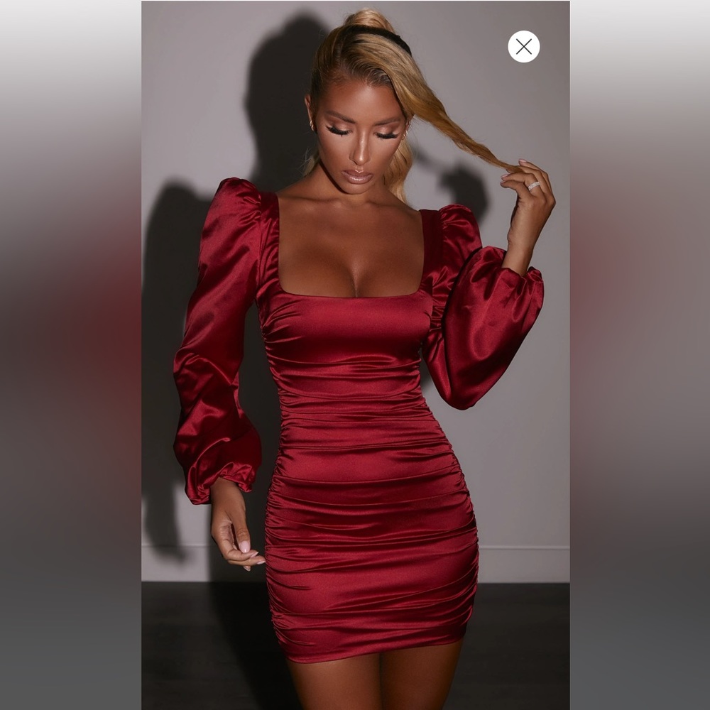 Oh Polly PRECIOUS JEWEL Ruched Puff Sleeve Satin Mini Dress in Red